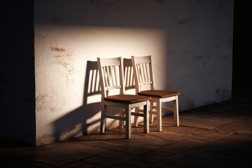 Two wooden chairs, side by side, stand against a textured white wall in a room with a worn wooden floor, bathed in sunlight.