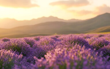 Fototapeta premium Endless lavender field glows softly beneath setting sun, with distant rolling hills adding depth