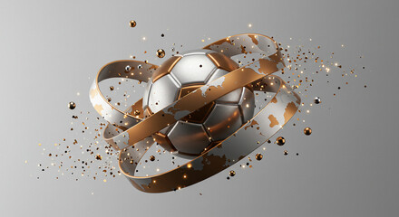 Abstract Representation of a Soccer Ball with Earth-Like Continents, Surrounded by Dynamic Rings and Particles