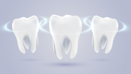 3D realistic vector healthy glowing tooth. Dental care, protection and whitening. Dental care, taking care of teeth. Dental servises.