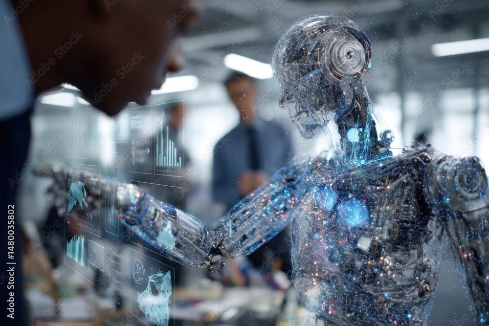 Poster holographic robot assisting in data review in an office