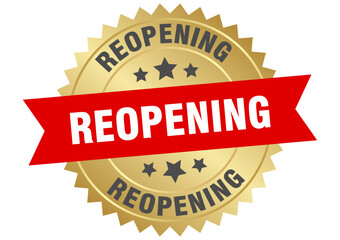 reopening. reopening round red and gold label isolated on transparent background