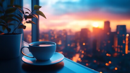  a mug of coffee, potted plants, and a city sky