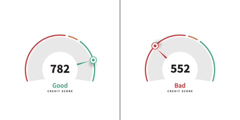 Good and bad credit score scale gauge for digital survey vector. Good and Bad meter. Credit rating history report. Vector illustration. Business performance level check.