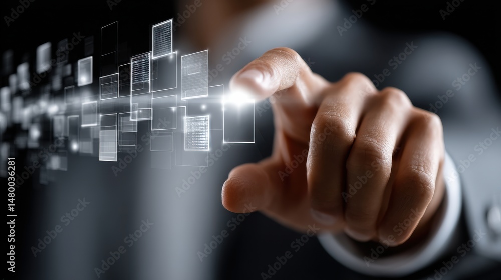 Poster A man is pointing at a screen with a lot of squares on it