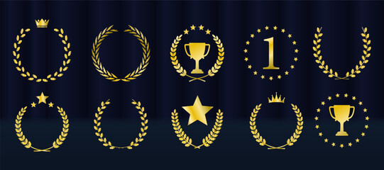 Gold, silver, bronze award emblems shine with royal crowns. Round podium icons highlight success, achievement, and recognition. Laurel wreath frames elegant nominee reward symbols. Golden award badge  © Максим Славов