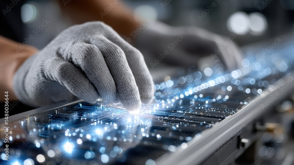 Poster a person is wearing gloves and touching a computer keyboard