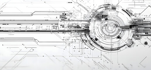 Abstract black and white background of technical circuit drawings