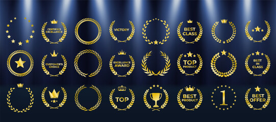 Set includes best price, choice, and seller designs. Vector icons ideal for cinema festivals and events. Award logo suits branding, marketing, or recognition labels. Premium gold foliage crown symbol