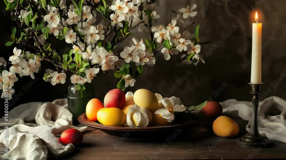 Poster a still life image featuring a plate of fresh fruit and a candle on a table
