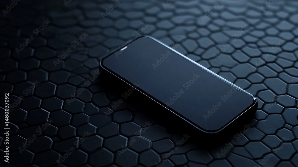Poster modern black smartphone on dark hexagon pattern background app tech style clean mobile gadget design