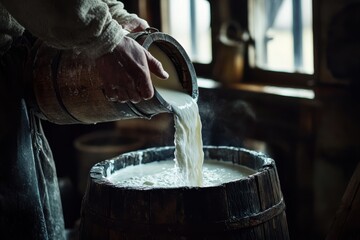 Rustic Milk Processing: Farmer Carefully Pouring Fresh Milk into Wooden Vat in a Traditional Farmhouse