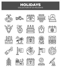 Collection of 25 Holidays. Festive Line Icons for Celebrations