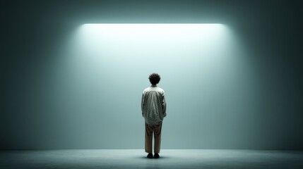 Obraz premium Man Standing in a Corner Under a Bright Light in a Minimalist Space During a Contemplative Moment of Reflection