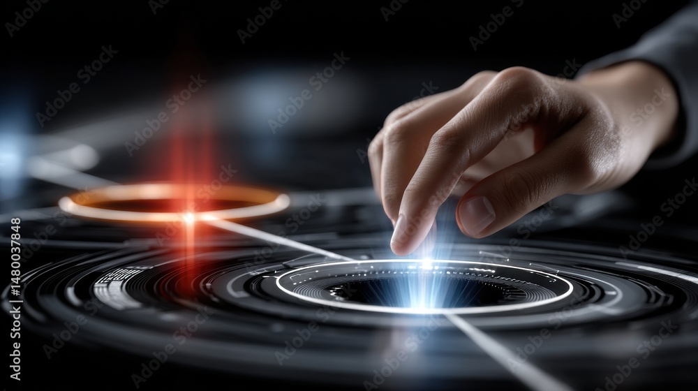 Poster a hand is touching a glowing circle on a black background
