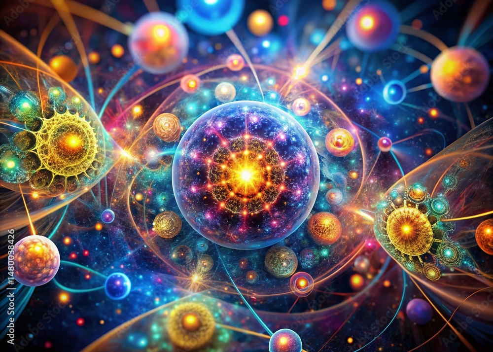 Poster abstract fractal forms: macro photography of nuclear physics particles - stock photo