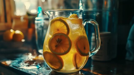 A beautifully lit glass pitcher of freshly made lemonade filled with citrus slices and ice.