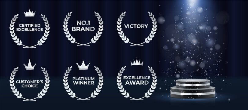 Laurel wreath badge celebrates excellence and top result. Golden leaves wrap in decorative symmetrical formation. Set includes best price, choice, and seller designs. Vector icons set