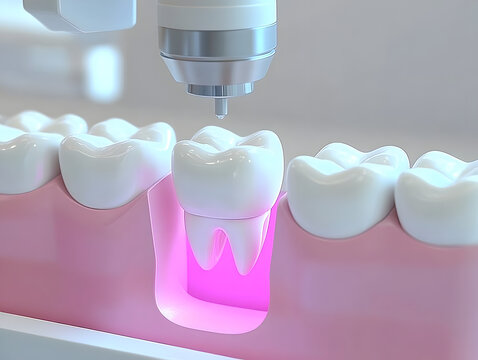 3d render of teeth with dental polymerization lamp and light cured onlay
