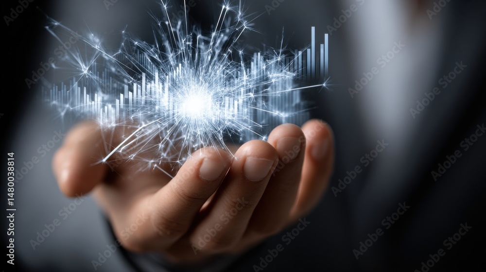 Poster A hand holding a sparkly object with a lot of lines and numbers