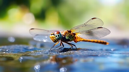 A dragonfly resting on the water. 