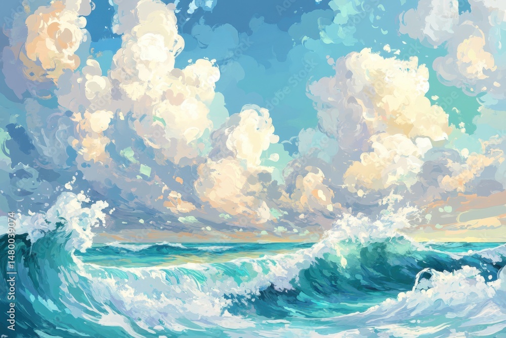 Poster ocean waves crashing under a cloudy sky in a painterly style seascape with soft hues and dynamic com