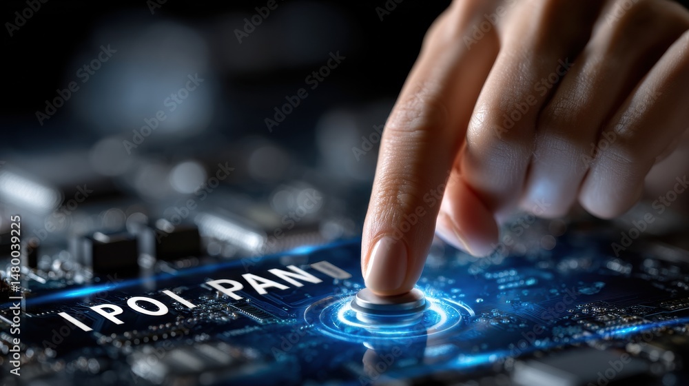 Poster A person is pressing a button on a computer screen that says 
