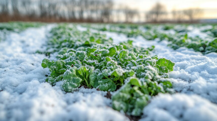 Obraz premium Regenerative cover cropping field in winter with green ryegrass and brassicas protecting soil