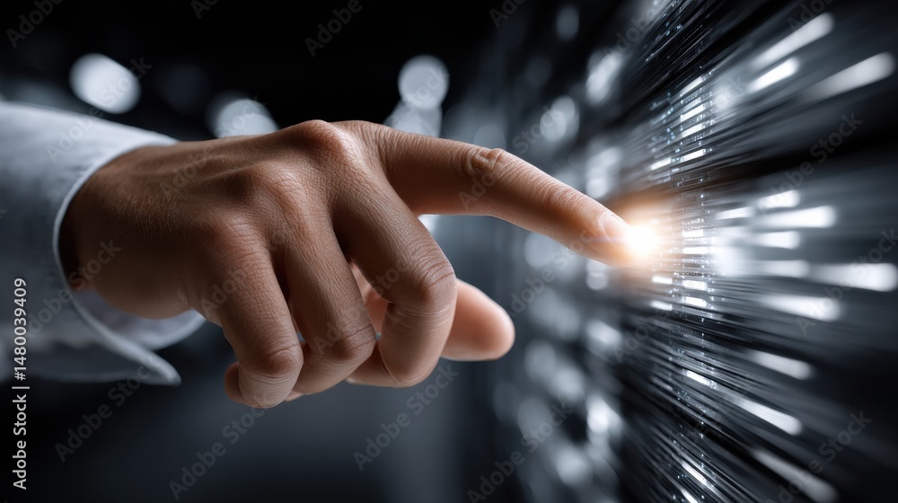 Poster A hand pointing at a screen with a bright light on it
