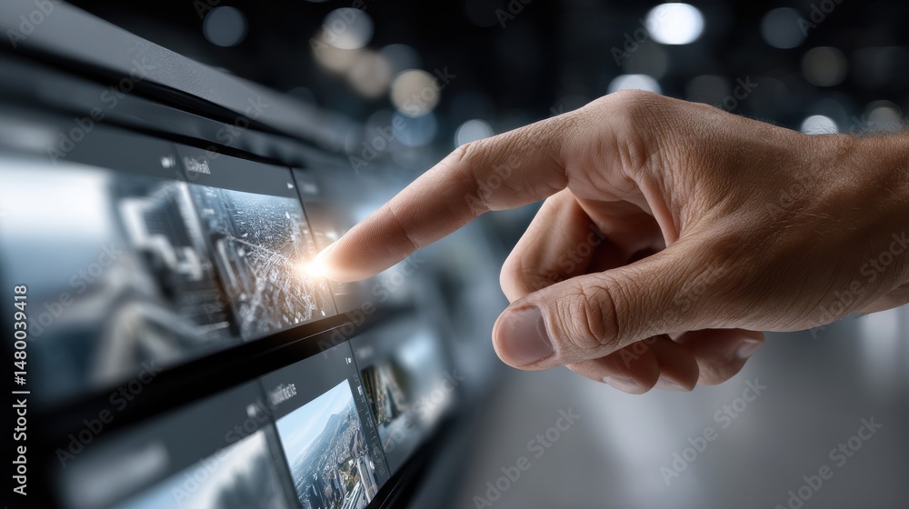 Aufkleber a hand is pointing at a screen with a picture of a city on it