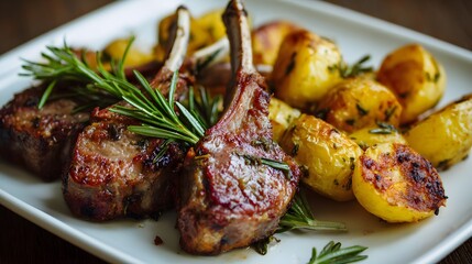 Tempting cooked lamb chops with roasted potatoes and fresh rosemary on a white plate.