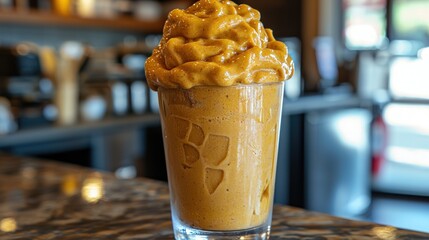 Naklejka premium Frothy orange smoothie in glass on countertop