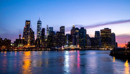 Naklejka premium Cityscape illuminates under twilight sky with calm water reflecting lights below