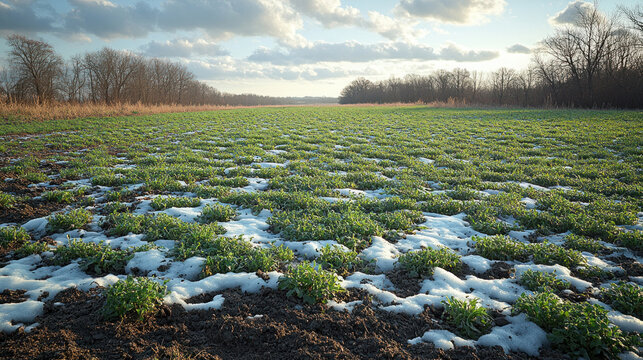 Regenerative cover cropping field in winter with green ryegrass and brassicas protecting soil