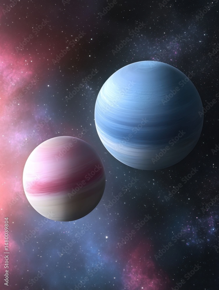 Poster two exoplanets in deep space with nebula background digital art close up view illustration