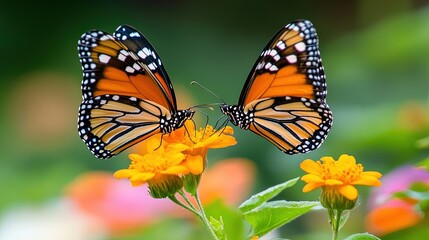 Fototapeta premium Butterflies on colorful flowers.