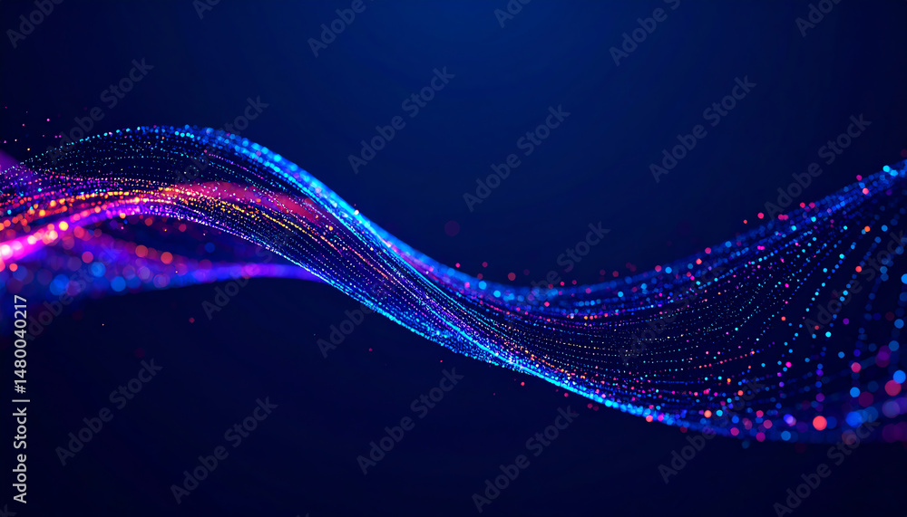 Poster a vibrant wave of colorful light particles creates a dynamic and mesmerizing visual, set against a d