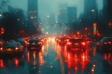 Cars driving in the rain at night in the city.