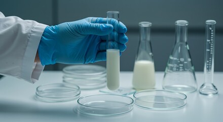 Fototapeta premium Scientist analyzing sample in test tube at laboratory bench with glassware