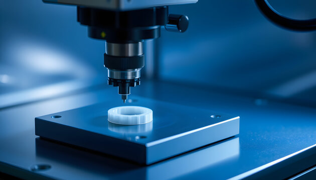 Precision CMM probe meticulously inspecting 3D printed plastic components for dimensional accuracy, silhouette. with white shades