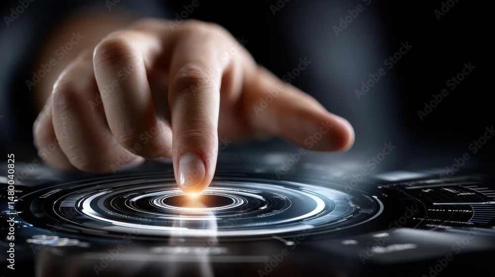 Aufkleber a hand is pointing to a glowing circle on a screen