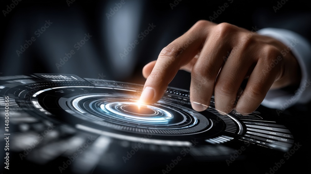 Aufkleber a hand is pointing to a glowing circle on a screen