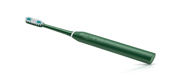Fototapeta premium Modern green electric toothbrush isolated on a white background suggesting oral hygiene and dental health