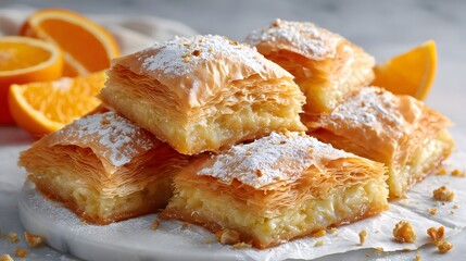 Golden, layered baklava, dusted with powdered sugar and accompanied by fresh orange slices, a delightful dessert.