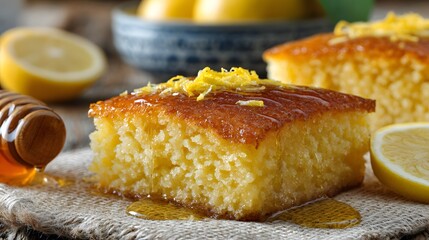 A mouthwatering piece of lemon cake, drizzled with honey, and adorned with lemon zest.