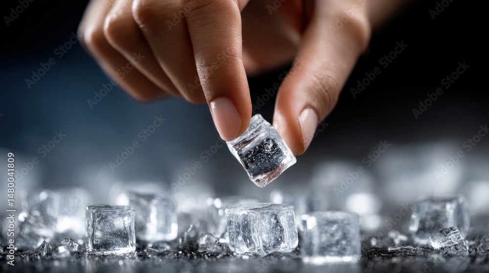 Poster a hand is holding a single ice cube in a pile of ice cubes