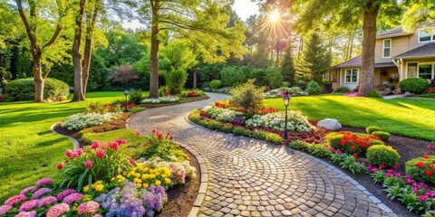Obraz premium A winding stone pathway leads through a vibrant flower garden, bathed in the golden glow of a setting sun.
