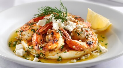 Grilled shrimp dish served with feta cheese, dill, and a lemon wedge on a white plate.