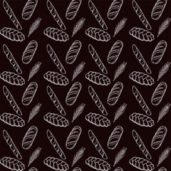 Seamless pattern with hand-drawn bakery products and wheat ears in vintage engraving style on a brown background