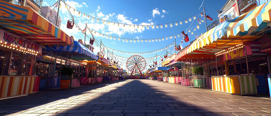 Fototapeta premium Colorful Street Fair Stalls Under Canopies Sunny Day